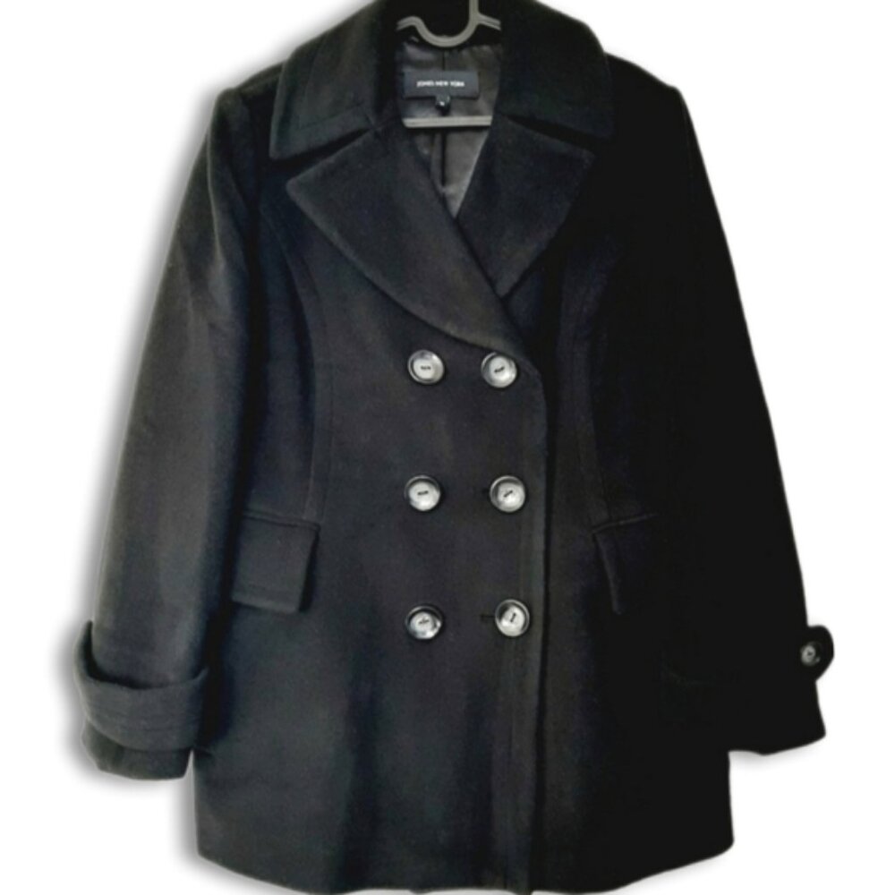 JONES NEW YORK Wool Cashmere Blend Winter Peacoat Button Down Jacket Black Sz 12